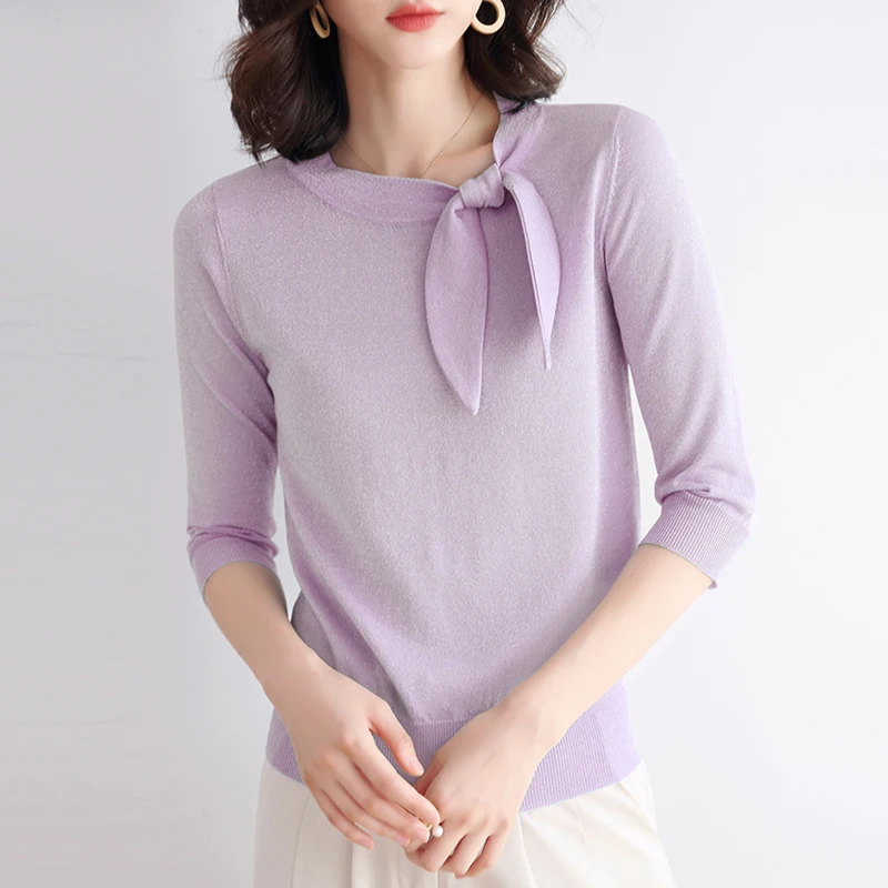 

Spring Summer Thin Bow Neck Knit T-Shirt Slim Women Half Sleeve Casual Knitwear Tee Korean Style Short Basic Sweater Tops S-2XL