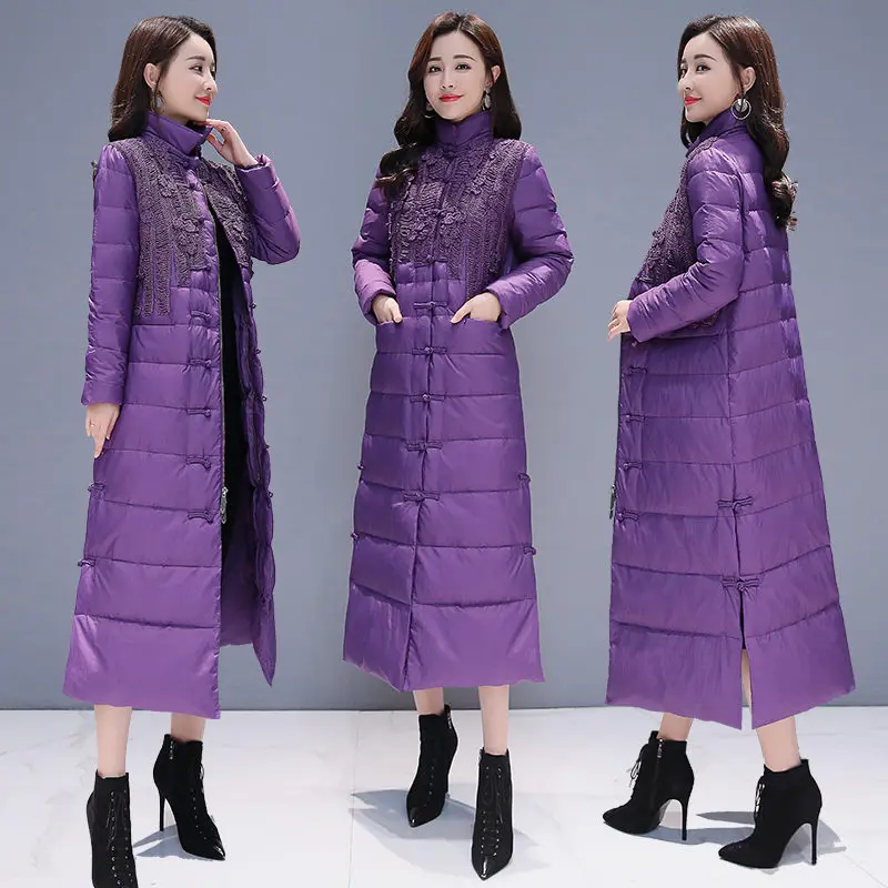 Chinese Style Retro Women Winter Jacket Stand Collar Purple Coat Single-Breasted Long Parkas Warm Overcoat C5968 | Женская одежда