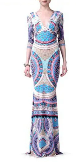 

new V-neck sexy gorgeous print stretch knitting slim long dress large size