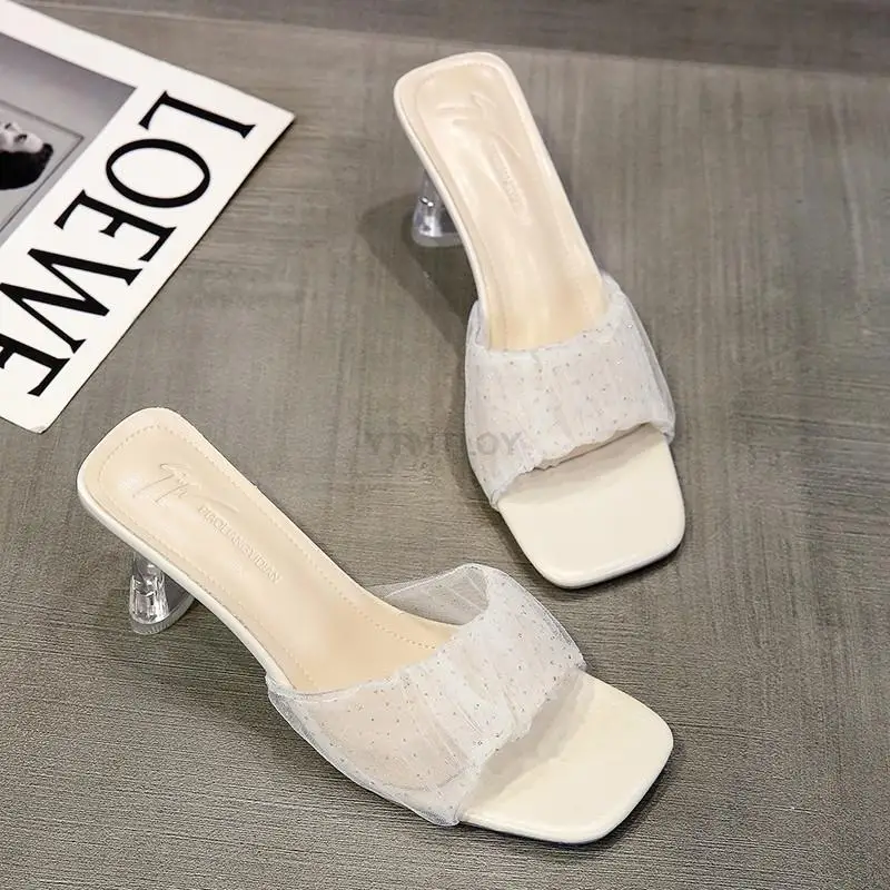 

Сланцы женские на квадратном каблуке, летняя обувь, шлепанцы, сетчатый материал, украшенные блестками, черный цвет, домашняя обувь, 2021