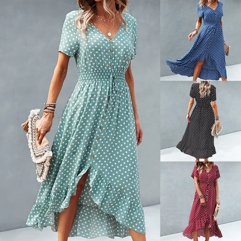 

Популярное летнее платье Kf-Boho в горошек с коротким рукавом и пуговицами, элегантные длинные платья, женское повседневное плявечерние вечер...