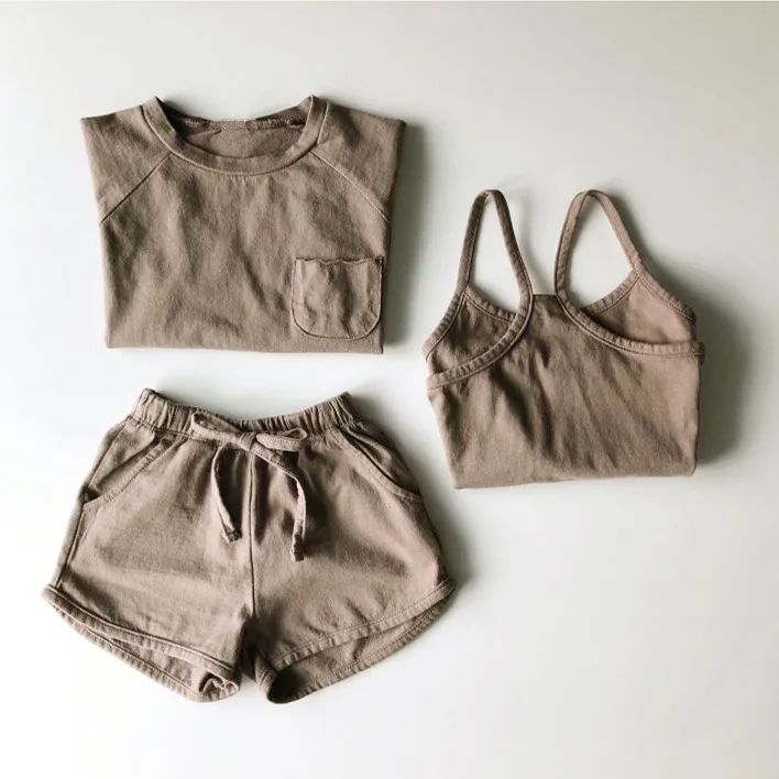 

Летняя коллекция 2019 года, корейская детская одежда, комплект из трех предметов для мальчиков и девочек, разноцветные хлопковые шорты с тонк...