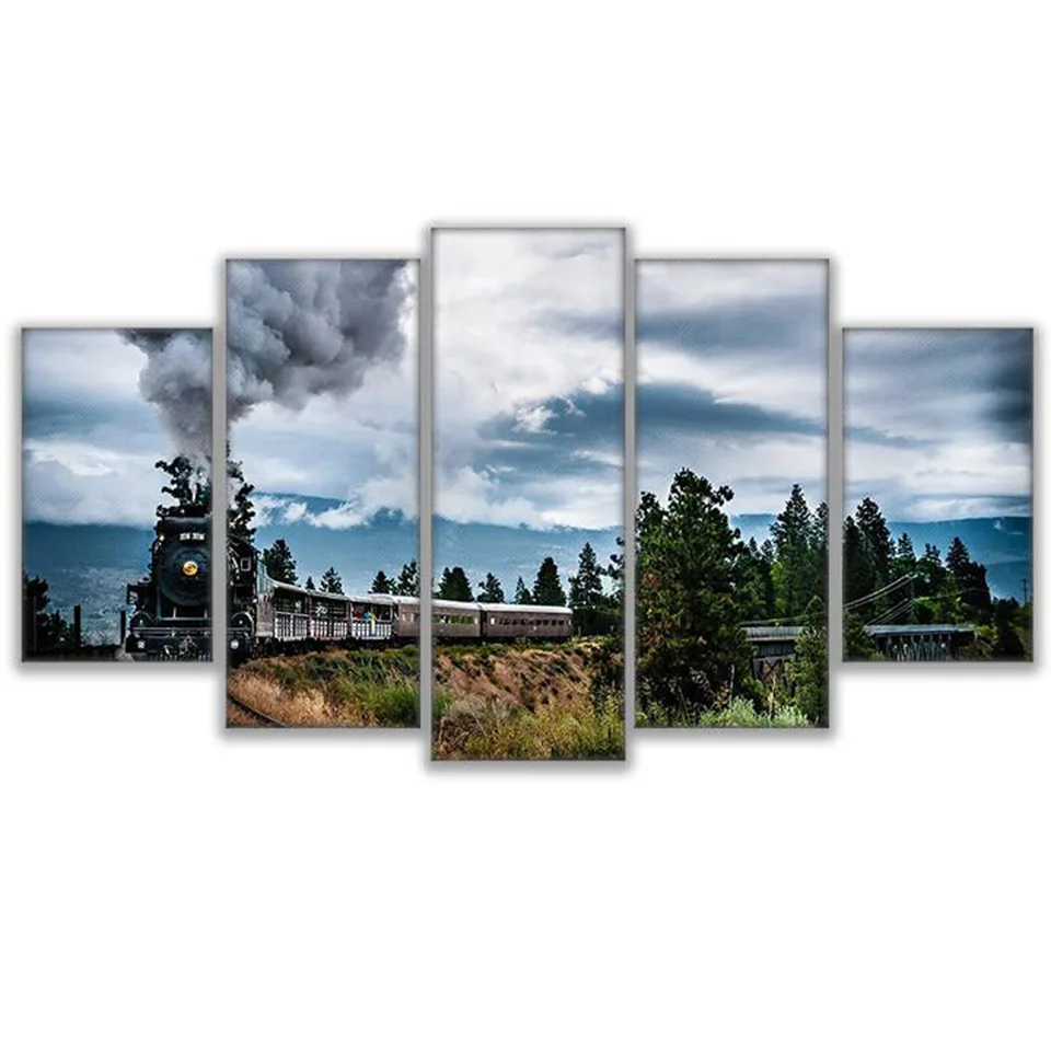 

Painting High Quality Canvas Modular 5 Panel Train Home Decor Framework Modern Wall Art Tree Decoration For Living Room