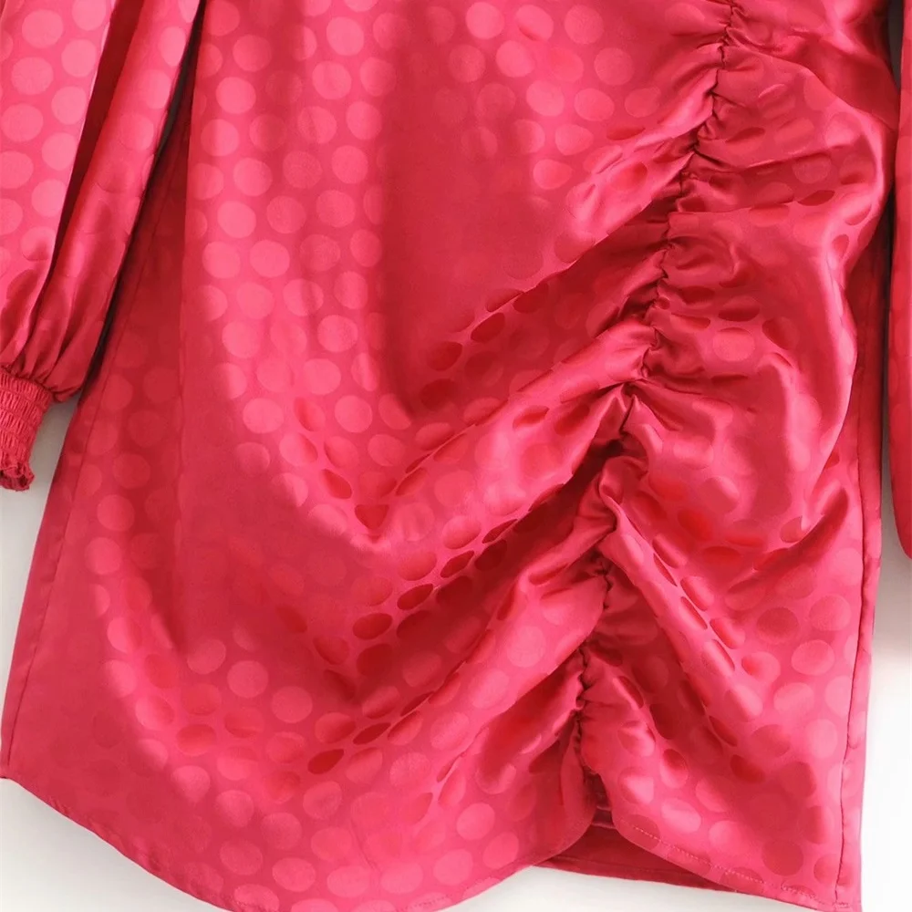 women's new fall double breasted V-Neck long sleeve front pleated with lined Polka Dot Satin Mini Dress 08342307630 | Женская одежда