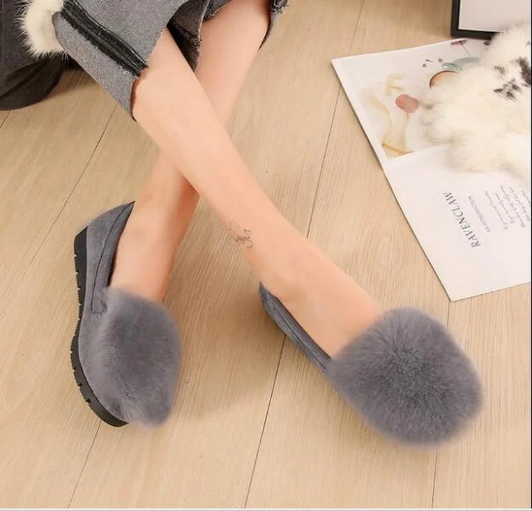 Large Size 33~43 Fur Loafers Women Winter Plush Flats Women Warm Shoes Slip On Lady Moccasins Womens Comfortable Cotton Shoes