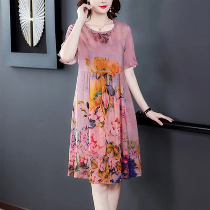 

2021 New Summer Women Fashion Indie Folk Dresses Lady Faux Silk Floral Print Dress Elegant O-Neck Loose Plus Size Vestidos B77