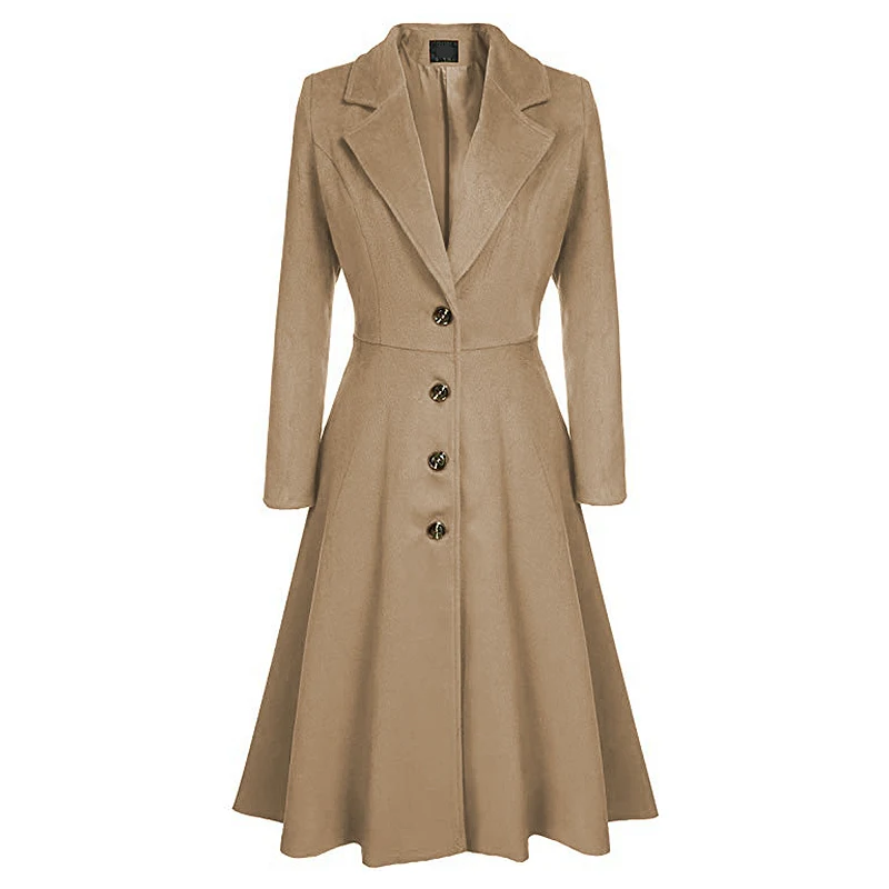 

Winter Solid Women Trench Coats Lapel Long Sleeves Open Front Female Long Coats Slim Fit Single Breasted Femme Overcoat