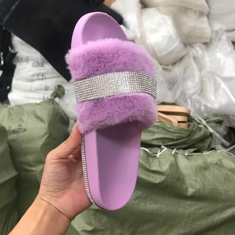 

Casual Women's Slippers Plush Upper Rhinestone Decoration Trend Open-toed Fashion Simple Flat-bottomed Women's Slippers