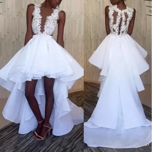 

New Style See Through Lace Wedding Dresses Organza High Low African Bridal Gowns Robe de Mariage