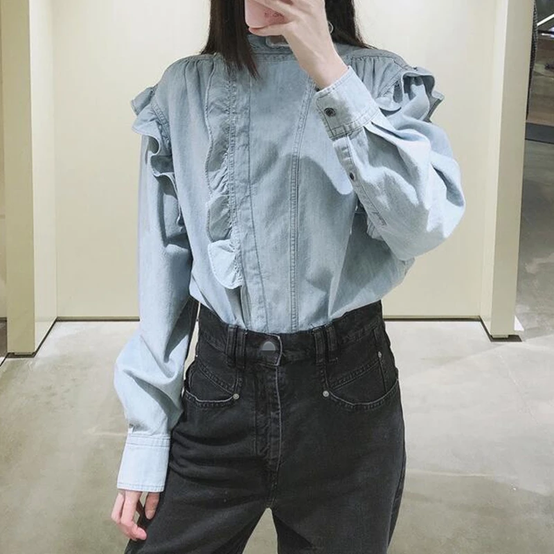 

woman blue denim shirts 2020