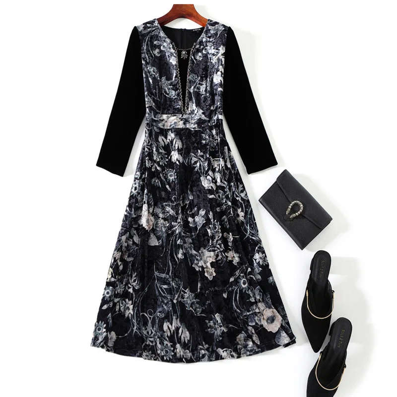 

Dress Vintage Retro 2021 Autumn Winter Style Women Diamond Beading Exquisite Print Slim Fitted A-Line Elegant 50s 60s Dress 4XL