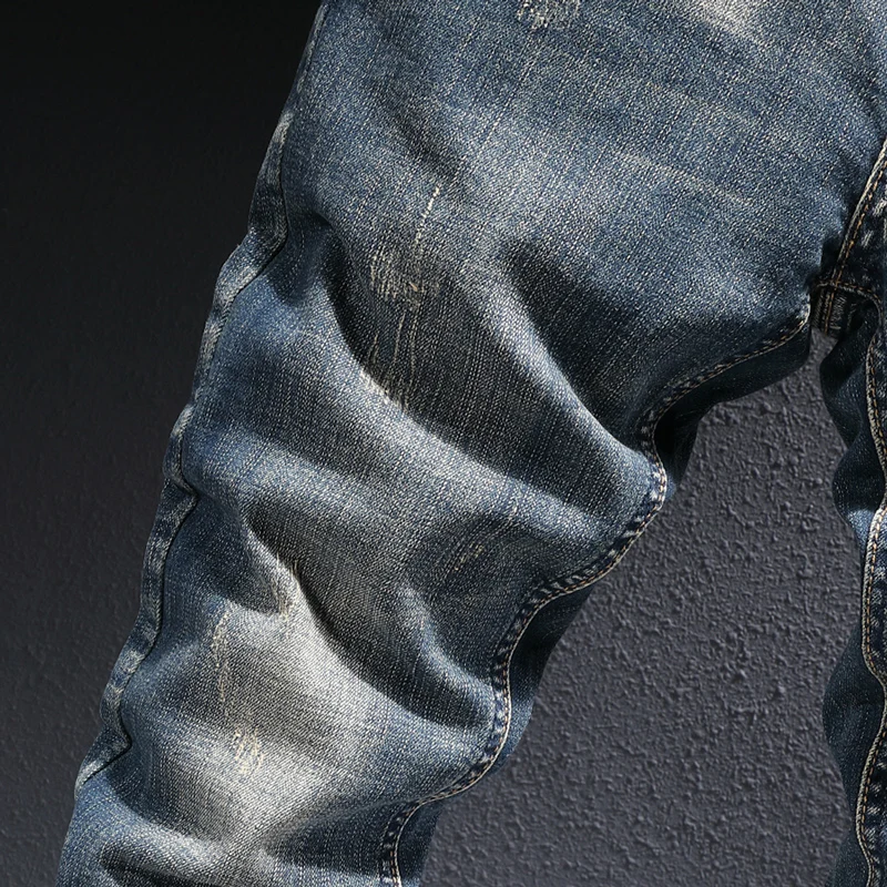 European American Vintage Fashion Men Jeans Retro Blue Elastic Slim Fit Ripped Jeans Men Distressed Designer Casual Denim Pants