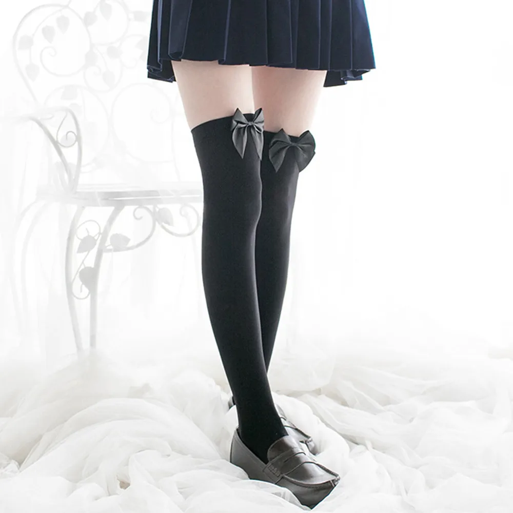 Чулки с бантиком женские бархатные чулки выше колена белого и черного цвета