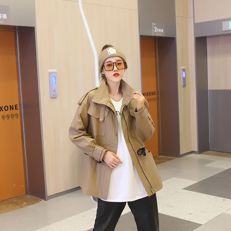 JAZZEVAR 2023 New High Fashion Women Real Sheep Skin Leather Jacket Genuine Casual Outerwear Safari Style Trench Coat