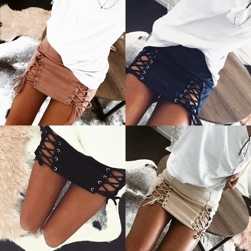 

2019 fashion trend hot models women models Faux Leather Women Bandage Suede Fabric Sexy Skirt Sexy Elastic Short Skirt
