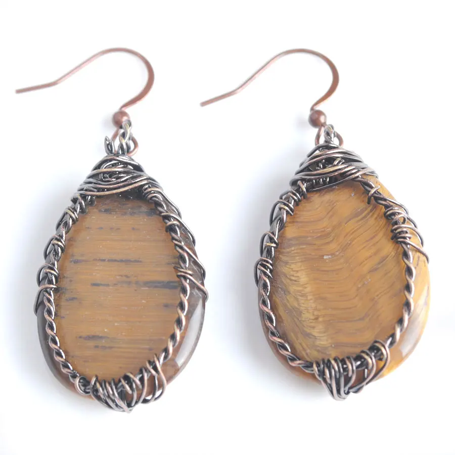

WOJIAER Natural Stone Green Tigers Eye Water Drop Dangle Earrings Beads Tree of Life Wire Wrap Women's Jewelry Gift PV9059