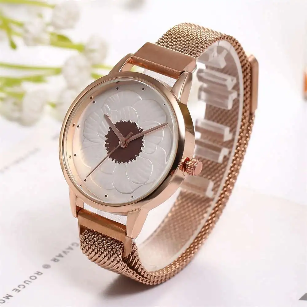 

FASHION Women Flower Watch Elegant Stainless Steel Mesh Band Analog Geneve Ladies Dress Bracelet Watch Women's Wrist Reloj Mujer