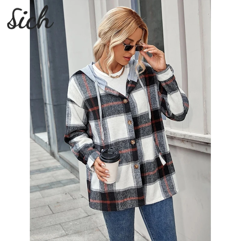 

Fashion 2021 Women's Jacket Long Sleeve Plaid Hooded Lace Patchwork Women's Jacket Casual Elegant Single Breasted Jacket