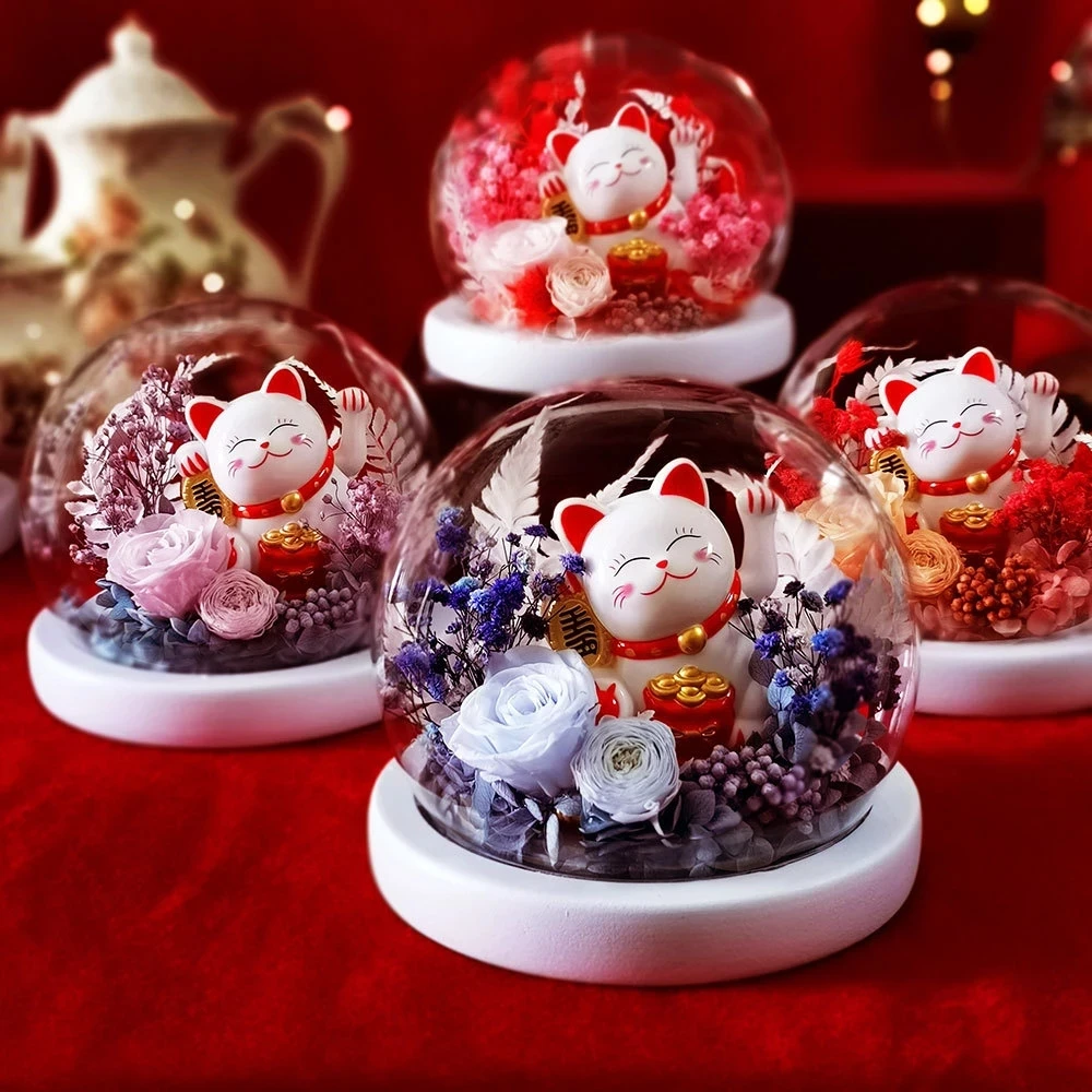 

FengShui Cat Good Luck Eternal Flower Glass Cover Preserved Rose Flower For Wedding Home Party Decoration Valentine'S Day Gift
