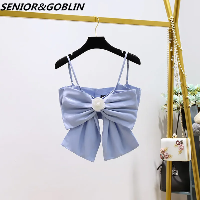 

Spring Summer High Waist Crop Tops Tanks 3D Camellia Bowknot Short Sling Vest 2020 Korean Women Sexy Strapless Top