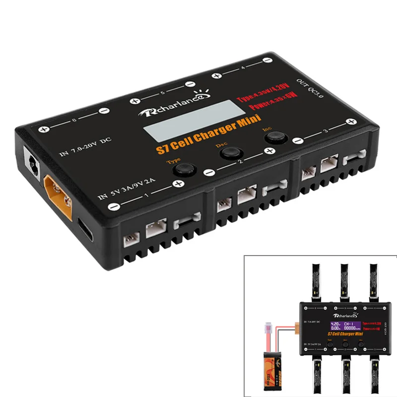 Зарядное устройство S7 1S 6 каналов 6х4.35 Вт LiPO LiHV зарядное с USB Micro MCX mCPX цветной экран