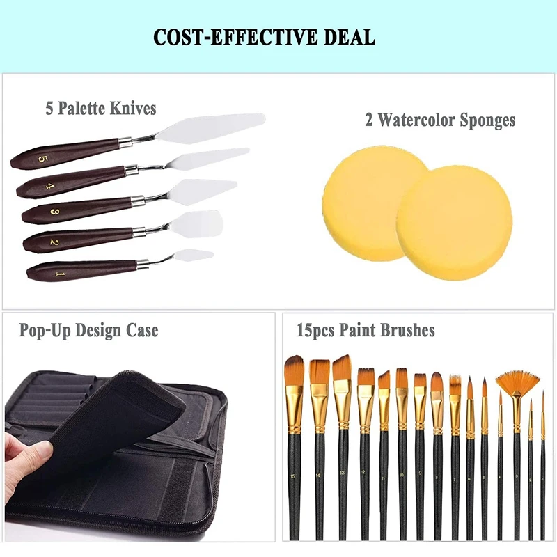 

22Pcs Paint Brush Set Artist Brushes with Case Palette Knives Sponges for Acrylic Oil Watercolor Gouache Painting