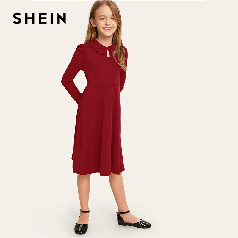 SHEIN Kiddie/красное однотонное расклешенное платье с оборками, трапециевидной формы, с поясом, летнее праздничное платье, рукав-волан, с пуговицами на спине, платья-миди для девочек