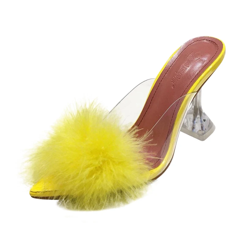 

New Summer Pumps Women Shoes Sandals PVC Transparent Feather Crystal High Heels Fur Pointed Toe Mules Slides Furry Slippers