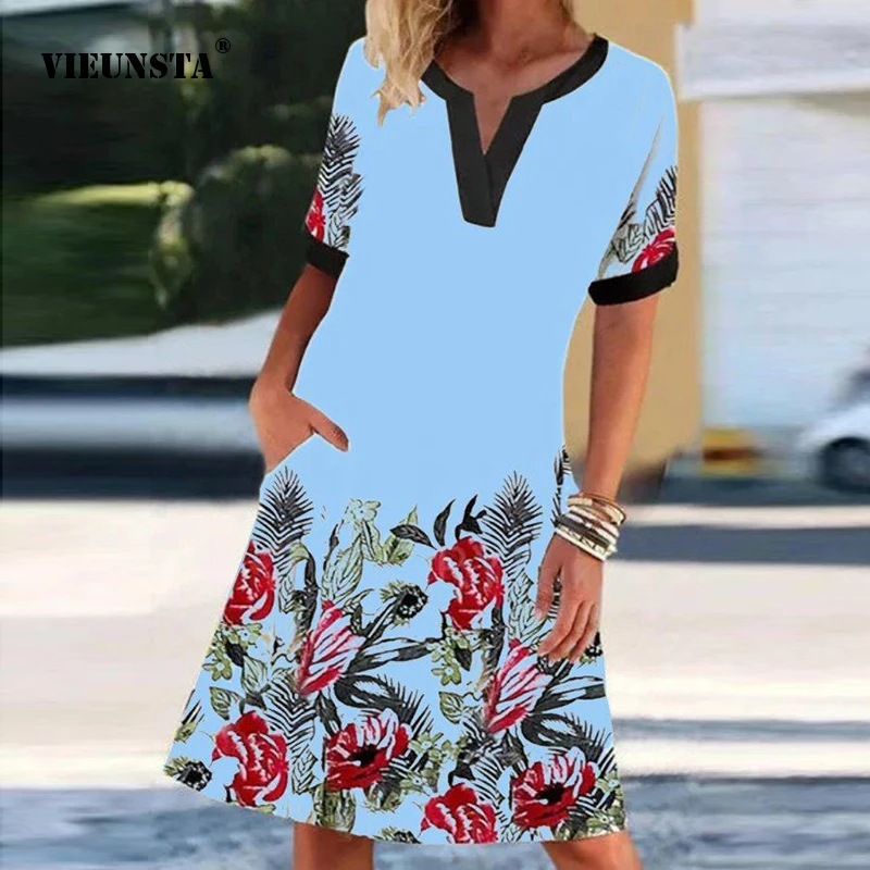 

Summer Vintage V Neck Dresses Women 2021 Fashion Floral Print A-line Dress Ladies Elegant Casual Short Sleeve Party Dresses 5XL