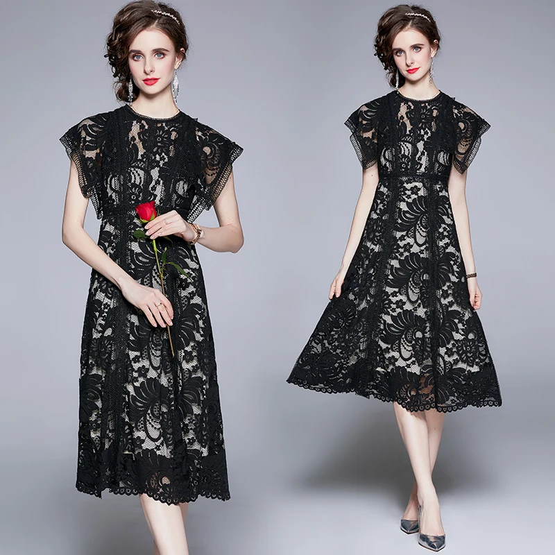 

Vintage Female Fashion Lace Dress Summer Women Stylish Sleeveless High Waist Elegant Evening Party Dresses Black Formal Dress
