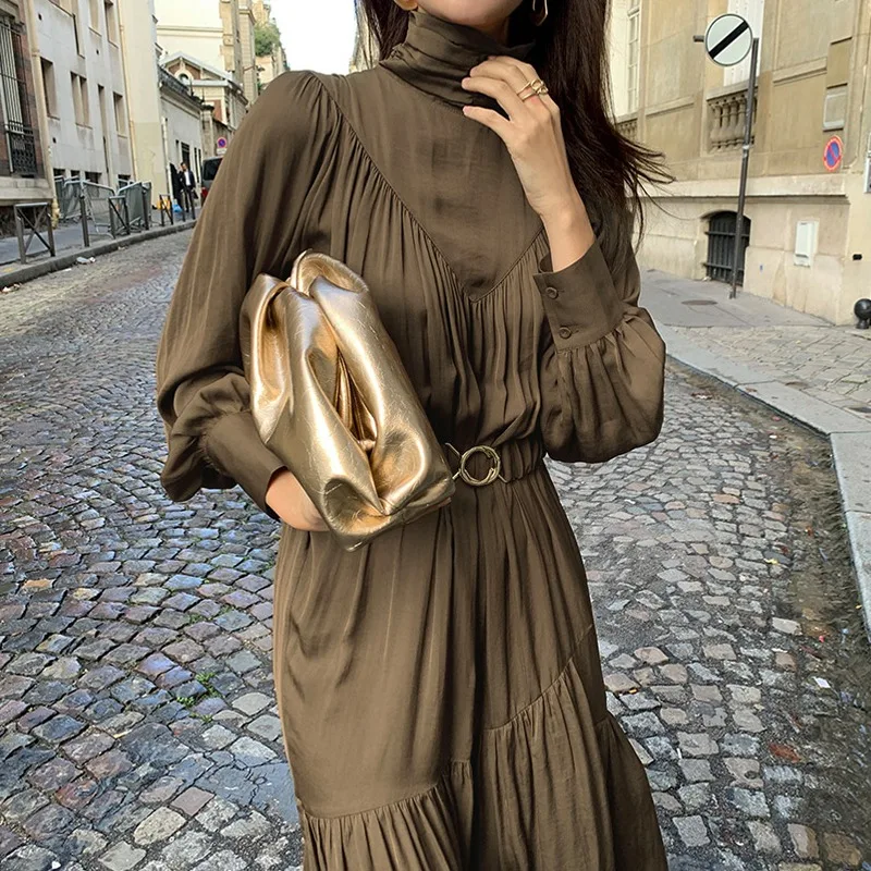 

High Quality Patchwork Black Brown Maxi Dress Boho for Women Elegant Spring Long Dress Female One Piece 2021 Robe Turtleneck
