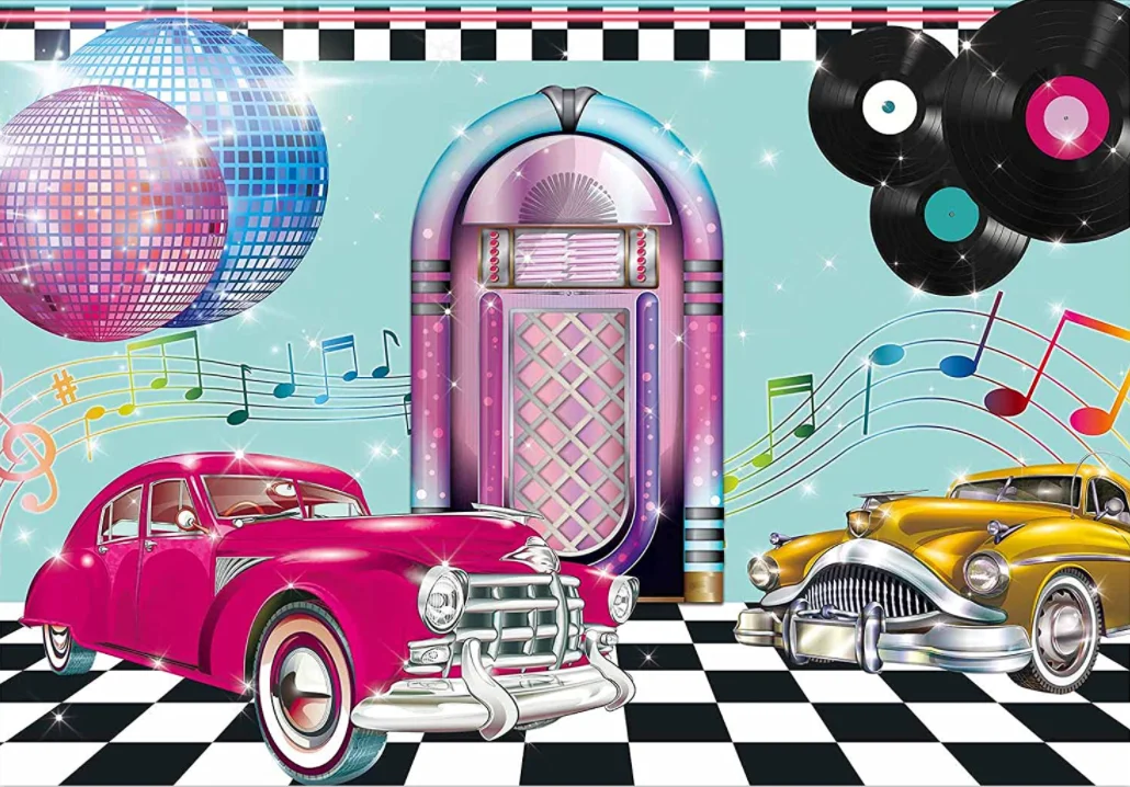 50-е годы Задник для танцевальной вечеринки Sock Hop 1950-х годов Рок-н-ролл Пром-танец Моторный ланч День рождения Украшение Музыка Классическая Диско Ретро Автомобили Фон.