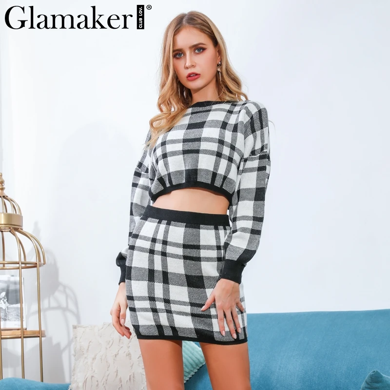 Glamaker трикотажное клетчатое сексуальное платье из 2 частей, женское осеннее элегантное мини-платье с длинным рукавом, зимнее женское укороченное платье-свитер, теплое платье