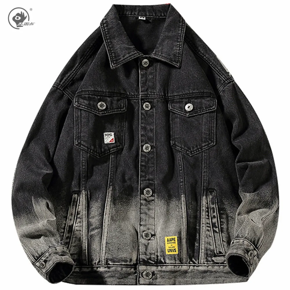 Мужская винтажная джинсовая куртка Little Rain черная потертая в стиле Харадзюку панк