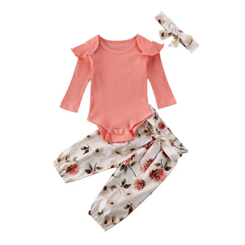 3 шт. трикотажные топы + длинные брюки с цветочным принтом повязка на