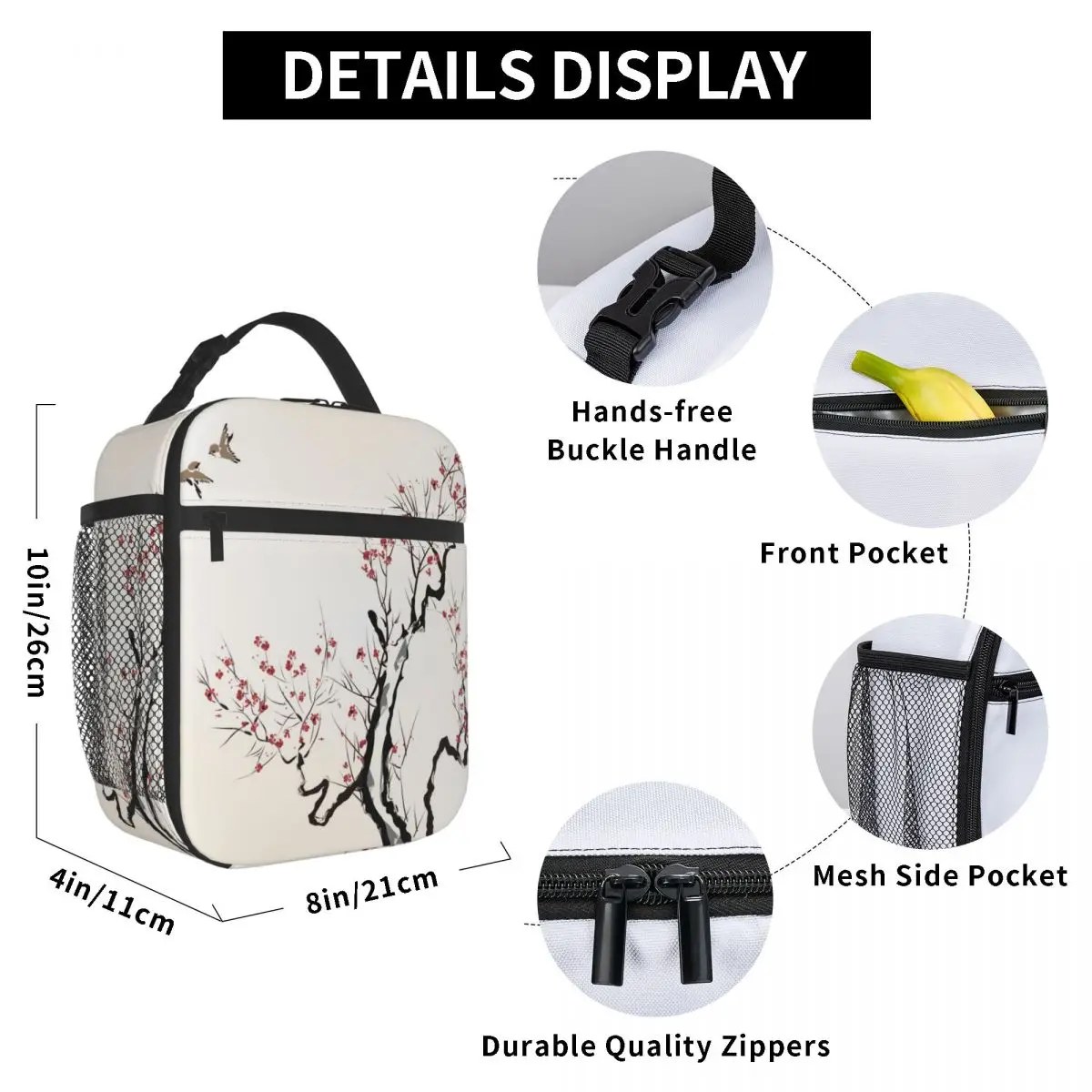 

Japanese Flower Branches And Flying Birds Lunch Bag for Women Men Large Insulated Lunch Box with Water Bottle Holder and Pockets