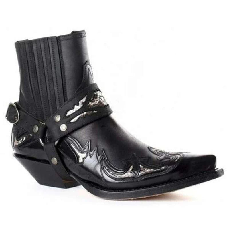 Vintage Men Faux Leather Pointed Toe Boots Punk Shoes Mid- H