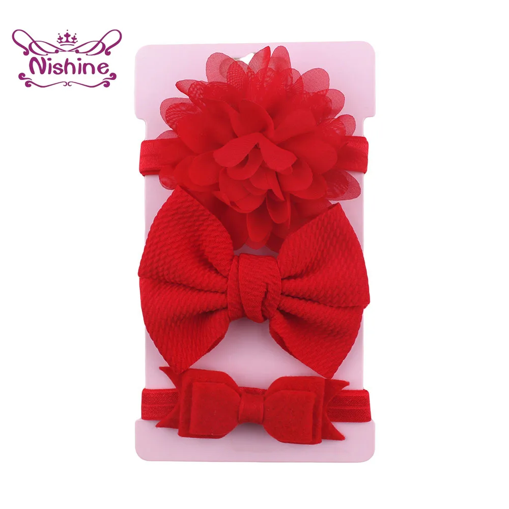

Nishine 3pcs/lot Cute Ribbon Bows Baby Girls Headband Big Chiffon Flower Headwear Sets Solid Color Kids Photo Props Gift