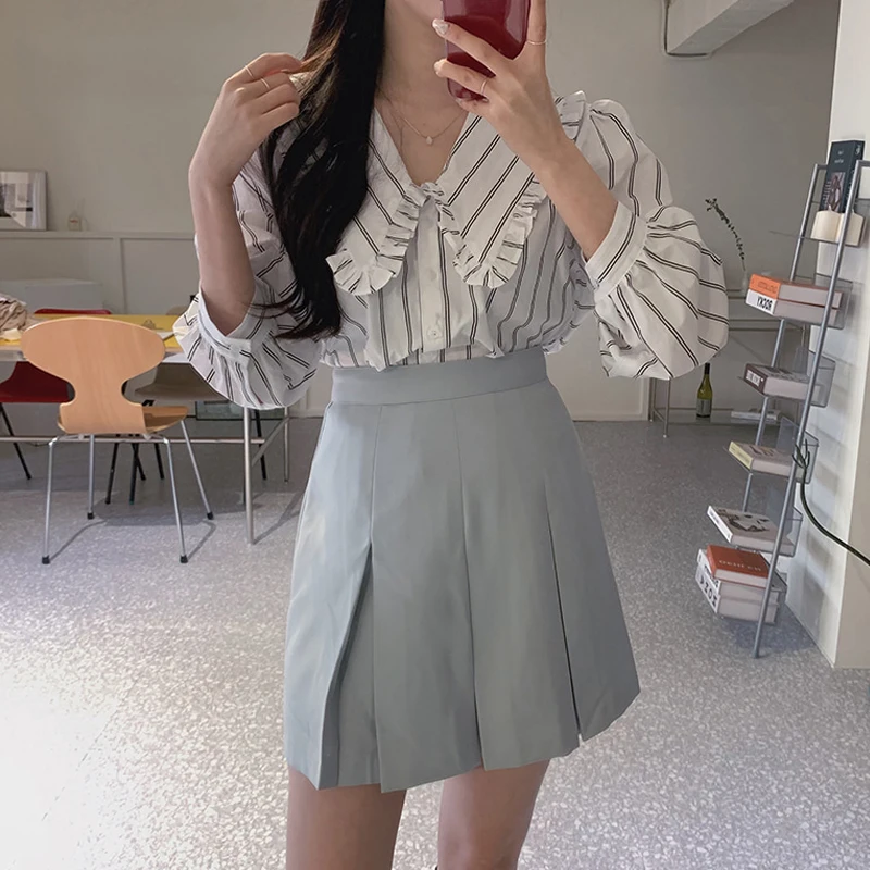 

ZAWAHIKI Korean Sweet Elegant Women's Shirt Spring 2021 Peter Pan Collar Long Sleeve Single Breasted Striped Tops Loose Blouse