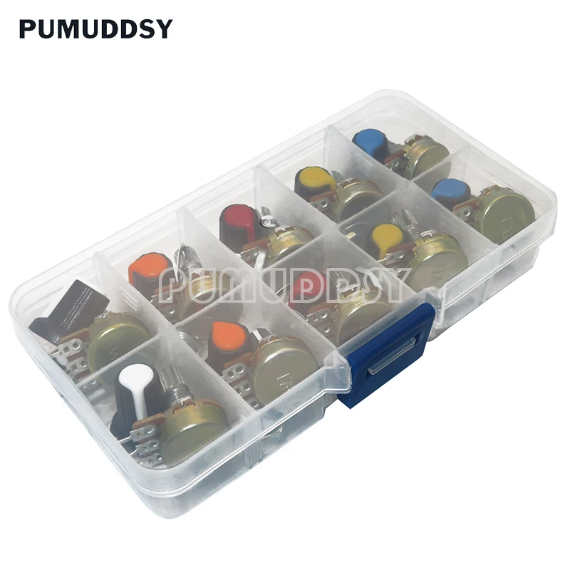 

WH148 Potentiometer Kit B1K 2K 5K 10K 20K 50K 100K 500K 1M 15mm Linear Taper Rotary Potentiometer Resistor Set 3pin with cap