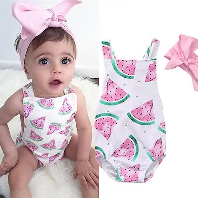 

New Fashion 0-24M Newborn Toddler Baby Girl Watermelon Sleeveless Romper Jumpsuit +Headband Outfit Sunsuit Clothes