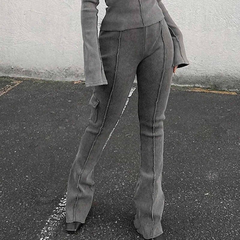 

Y2k Aesthetic women pants streetwear grey Low Rise 90s fashion Vintage Knitted Skinny Flare Trousers winter 2021
