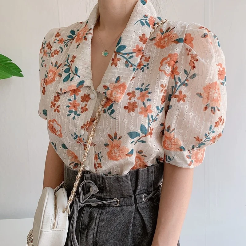 

Summer Floral printed Tops Women Turn down collar Button shirt Korean Single-breasted embroidery blouse blusa feminina