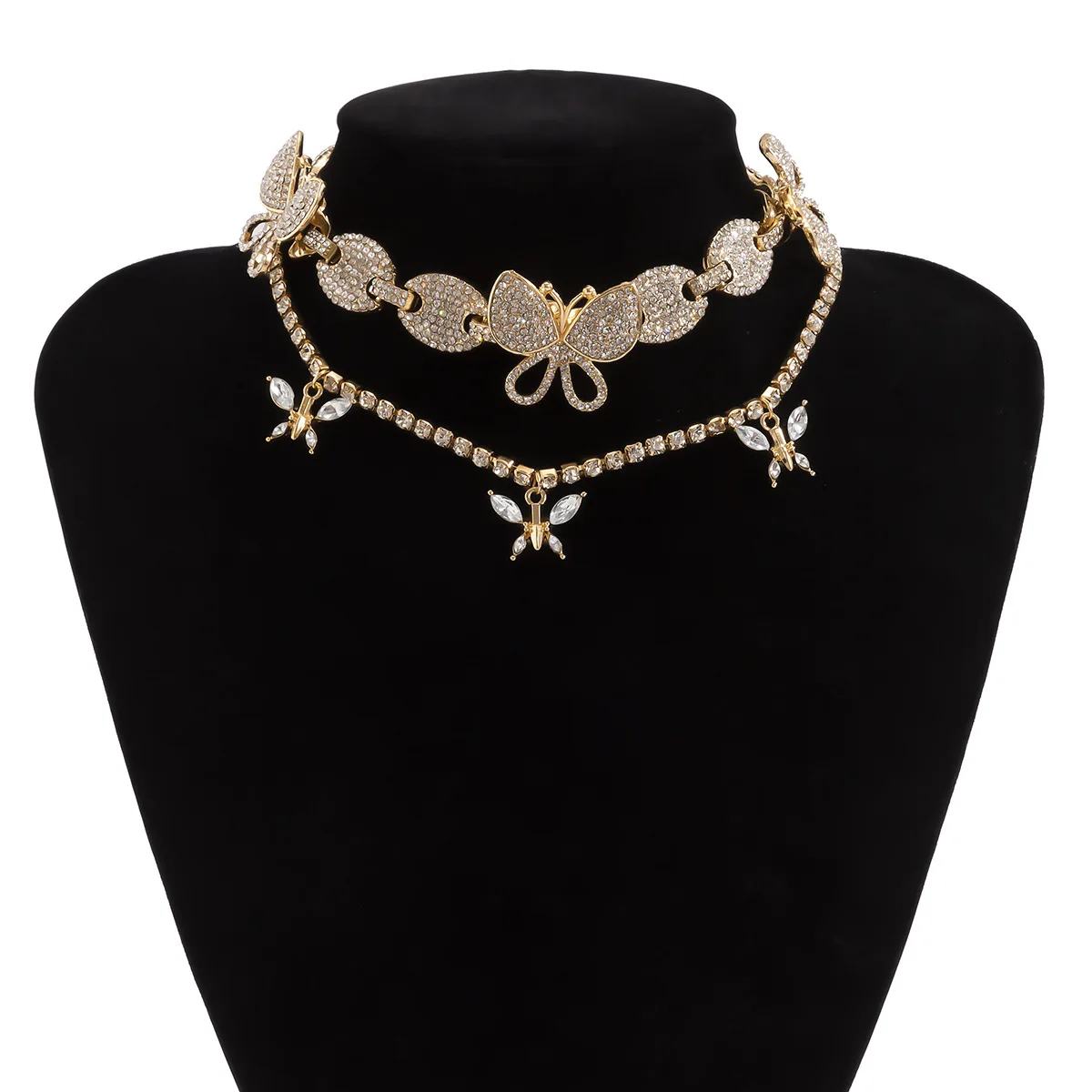 

YOUVI 2PCS Cuban Link Butterfly Choker Necklace Crystal Rhinestone Tennis Chain Chokers Necklaces for Women Gold Collar Jewelry