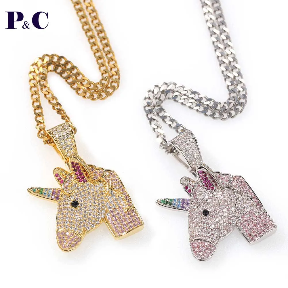 

Animal Unicorn Pendant Necklace Iced Out Cubic Zirconia Hip Hop Jewelry For Women Gift With Cuban Chain