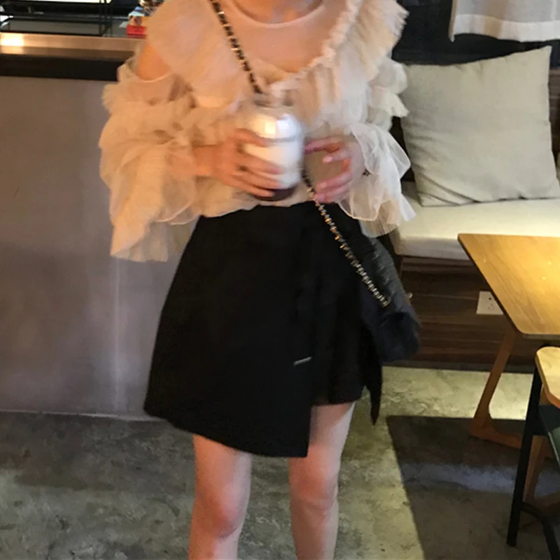 Рубашка RealShe женская летняя с о-образным вырезом длинным рукавом и оборками |