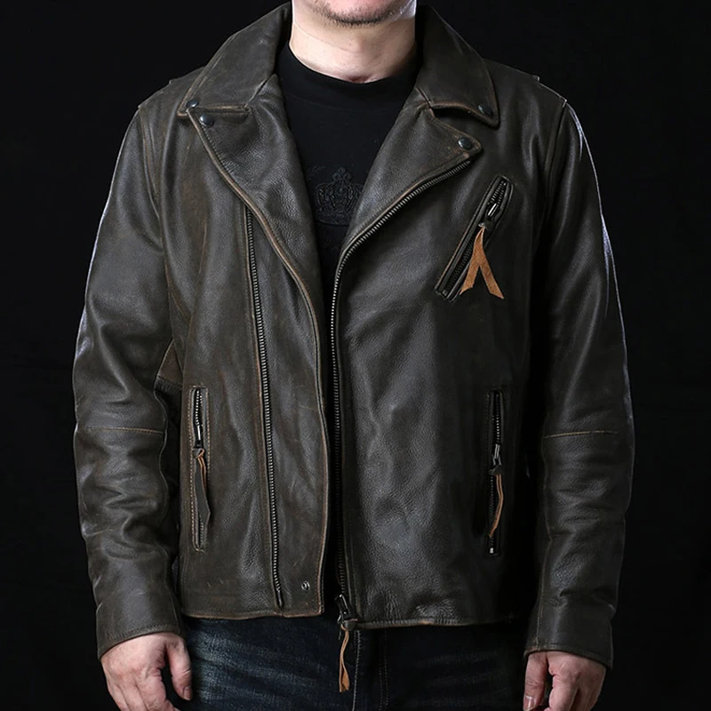 

Affordable Price Vintage Top Layer Cowskin Men's Lapel Inclined Zipper Casual Motorcycle Leather Jacket