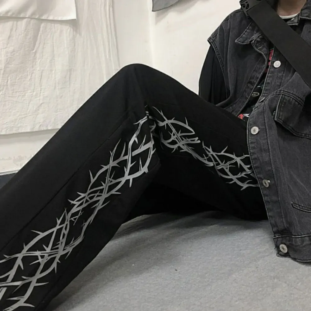 

ZOTTSOZ Side Thorns Print Wide Leg Casual Pants Women Fashion Loose Straight Joggers Sweatpants Street Vintage Harajuku Trousers
