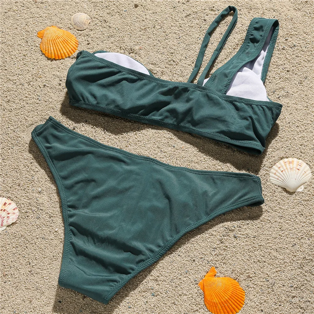 

Women's One-shoulder Bikini Set, New Threaded Fabric Metal Ring Solid Color Sexy Bikini