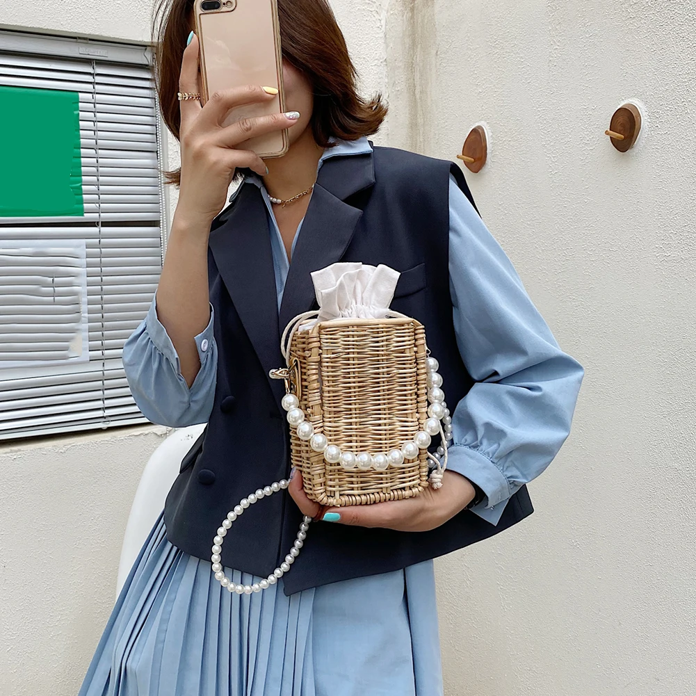 

Retro Women Pearl Chain Purse Shoulder Bag Beach Woven Vacation Cell Phone Bags Shoulder Bags Bags Casual Handbags